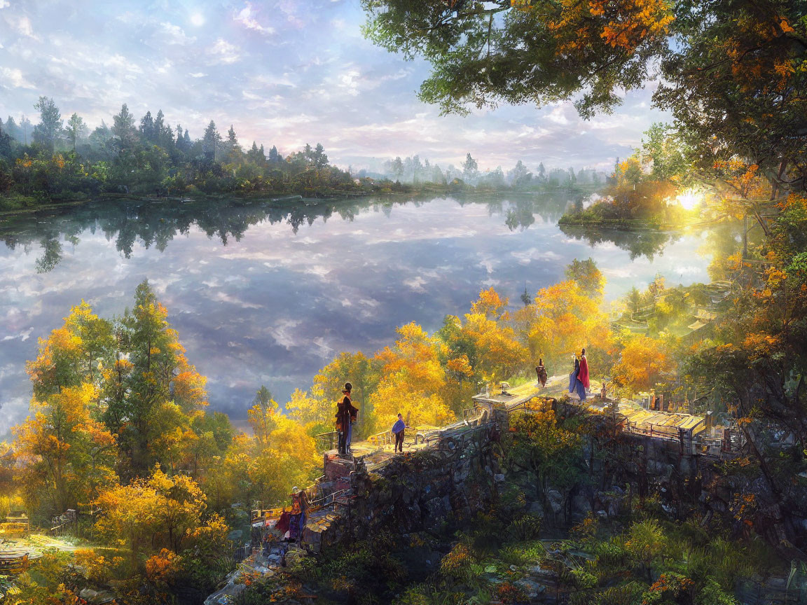 Autumn forest reflected in serene lake with people on stone bridge.