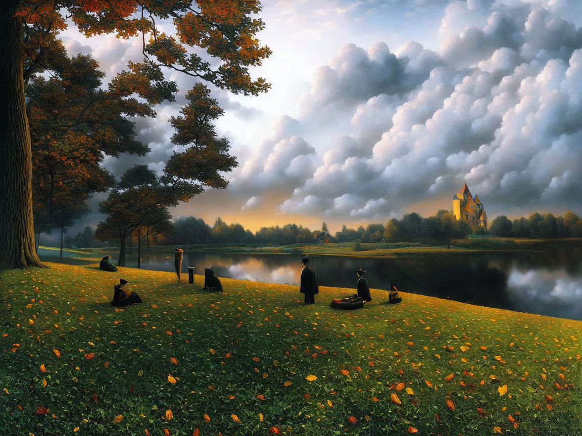 Scenic riverbank at sunset with autumn leaves, cloaked figures, majestic tree, and distant castle