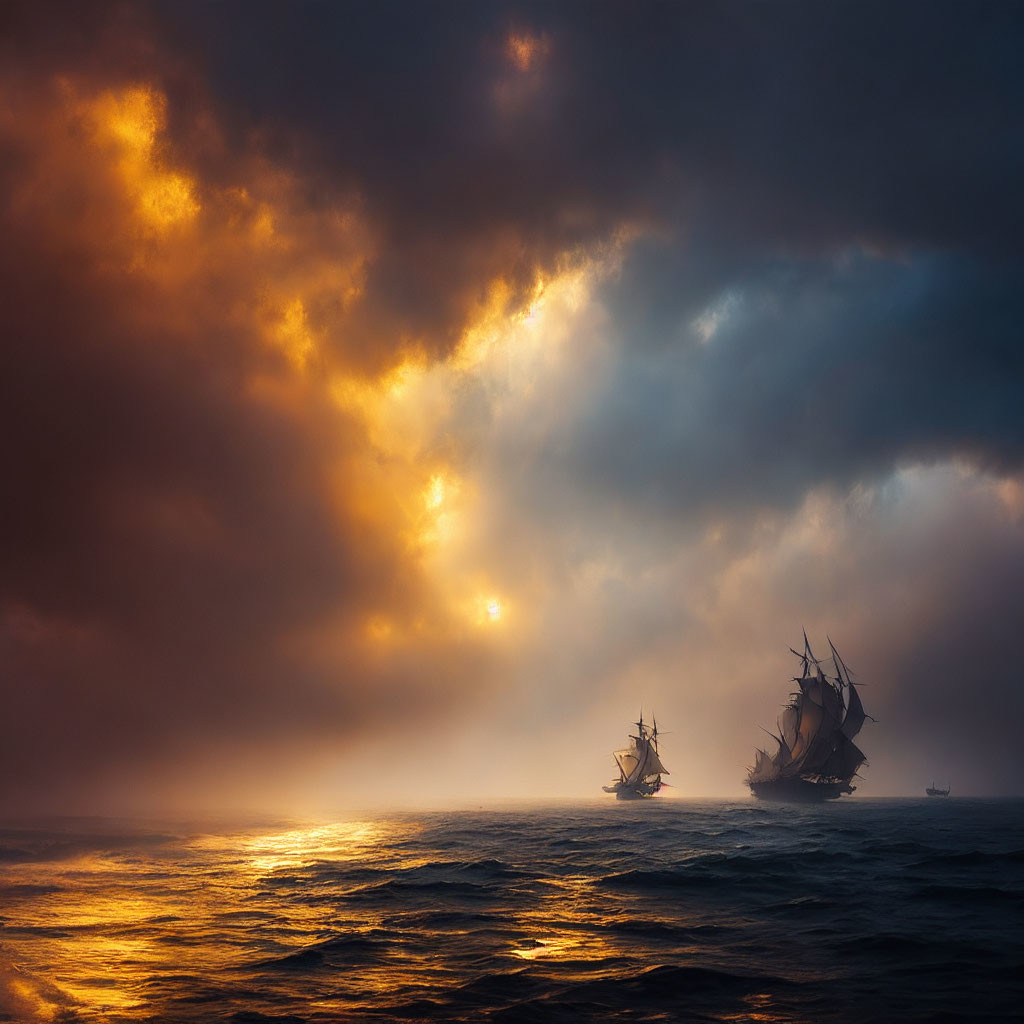 Sailing ships on misty sea under dramatic sky