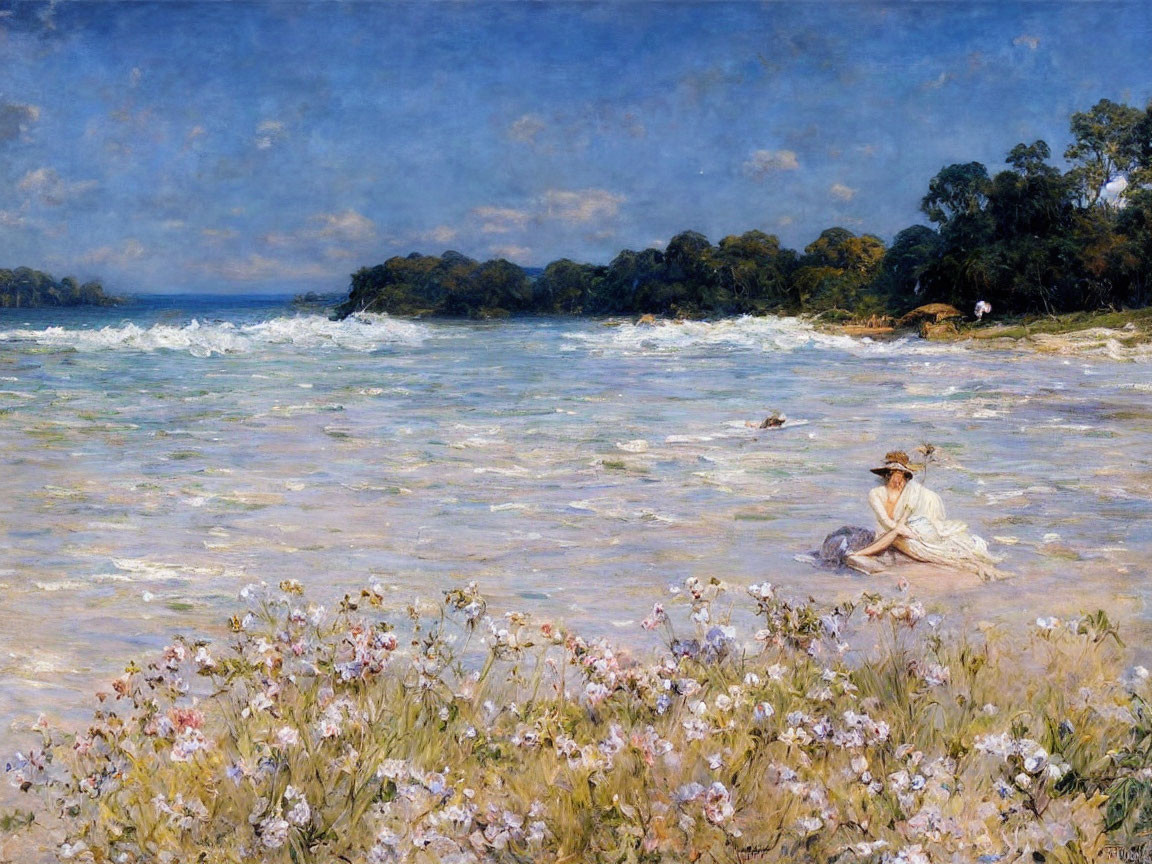 Woman in White Dress by Shoreline with Blooming Flowers and Blue River