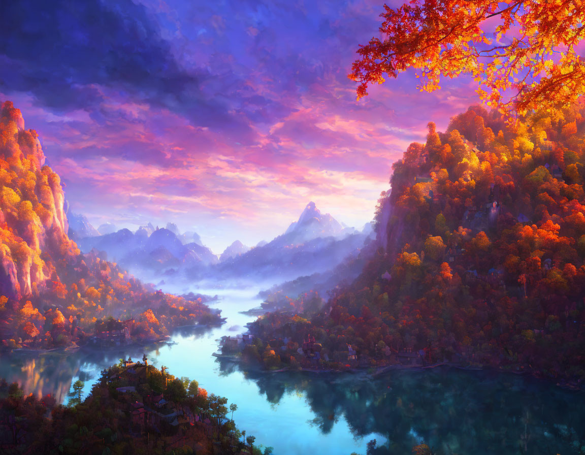 Scenic landscape: river, autumn forest, dramatic sunset sky