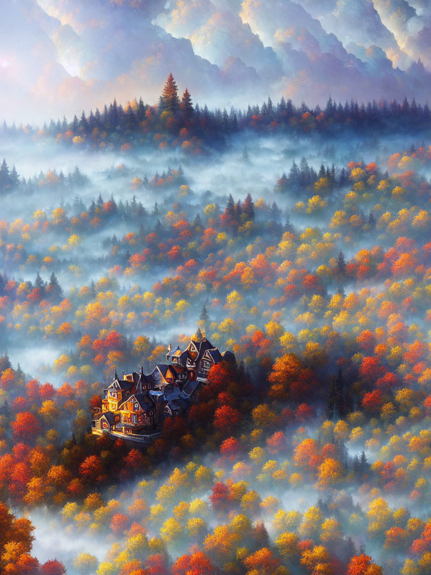 Ethereal Autumn Landscape with Misty Forest and Victorian House