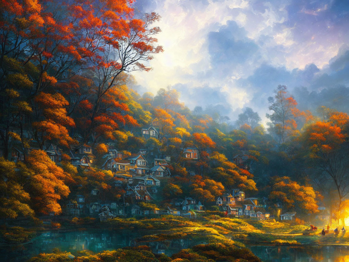 Tranquil village scene with autumn trees and lake at sunrise or sunset