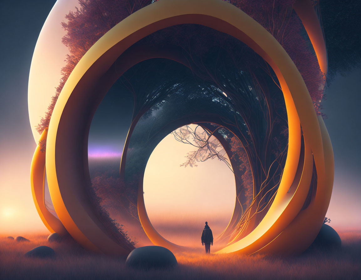 Person standing before surreal golden rings in misty forest setting