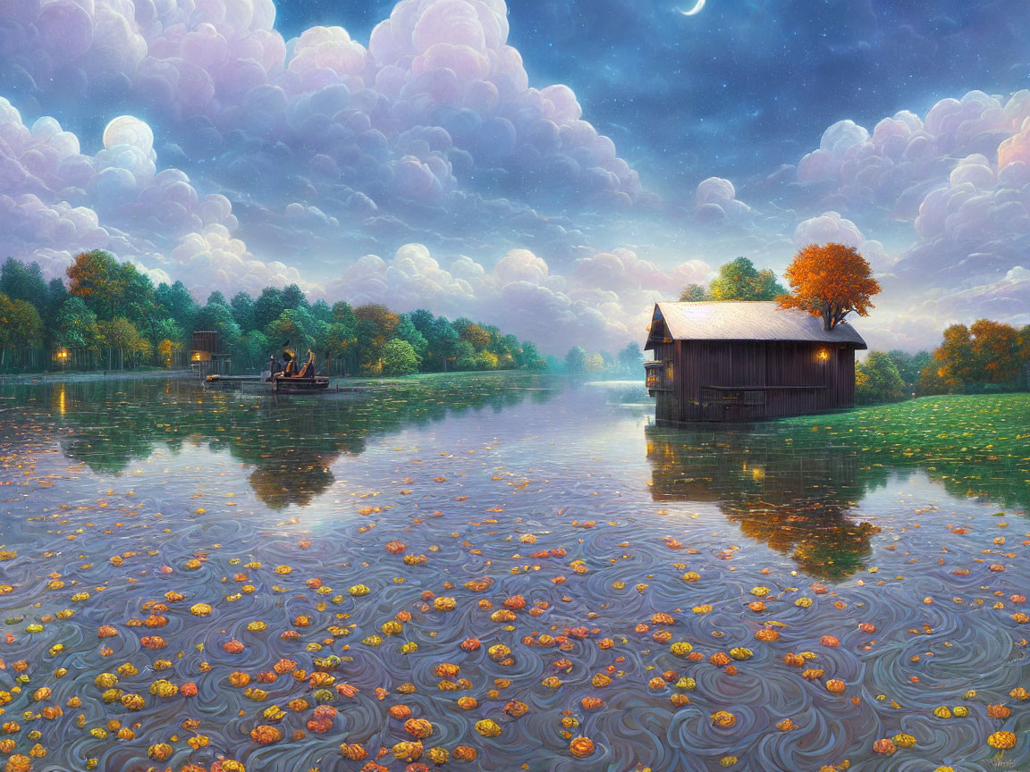 Tranquil lake scene with boathouse, autumn tree, boat, figures, and whimsical