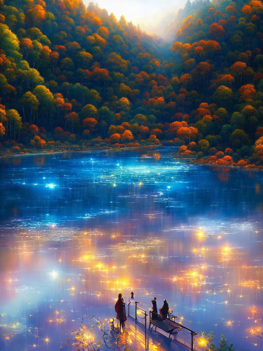 Tranquil lake with autumn trees reflected, people on dock at twilight