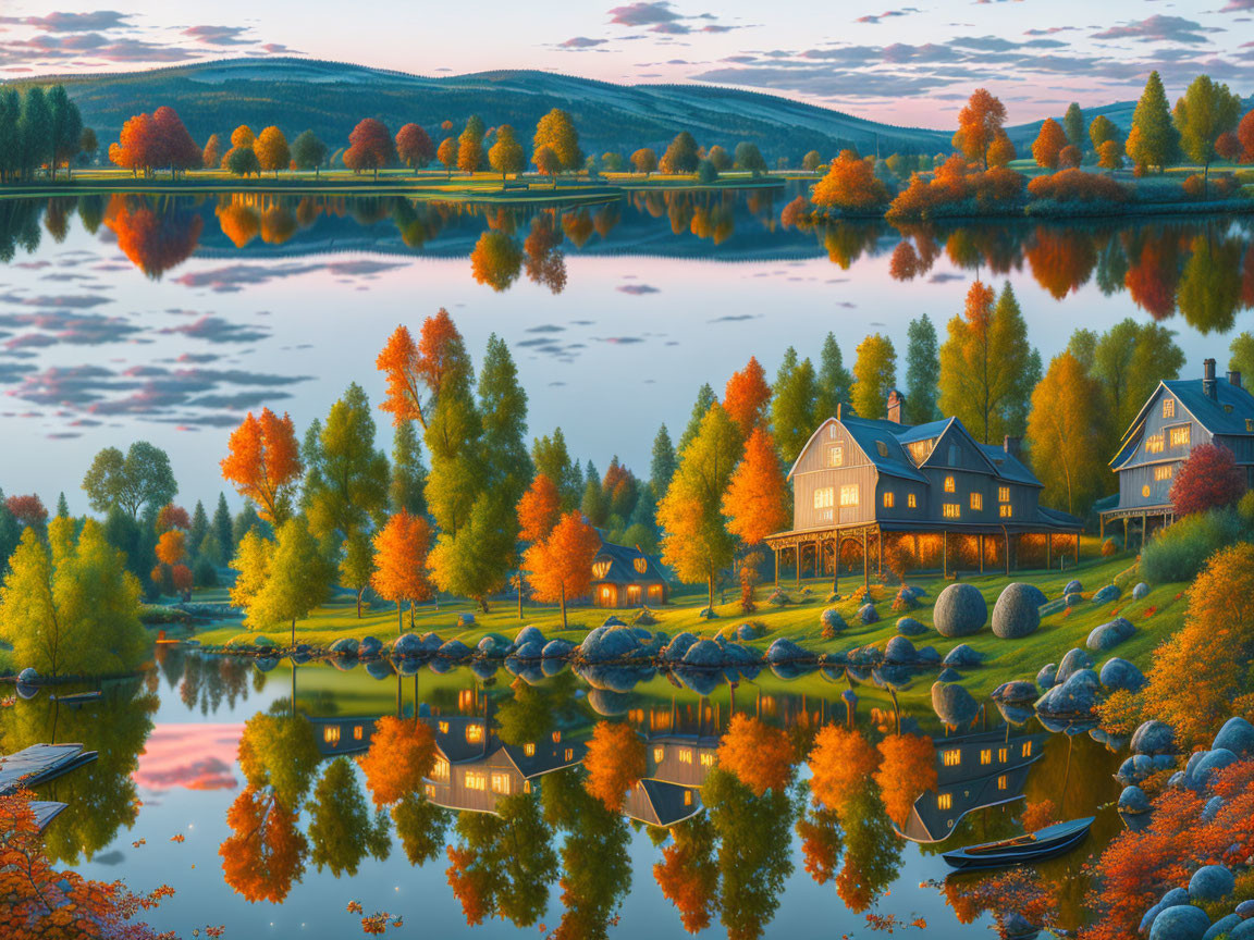 Colorful autumn lakeside with reflecting water, serene houses, moored boats