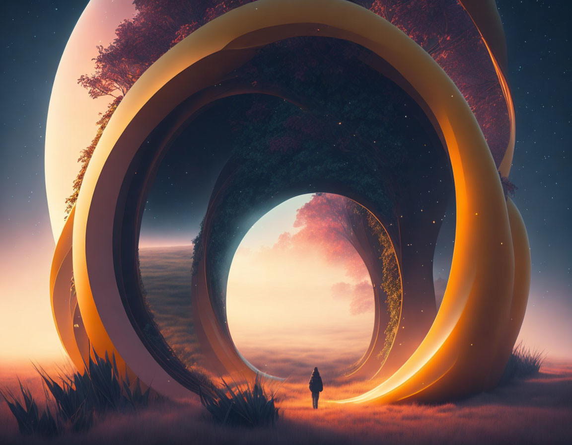 Person in front of golden looping structures with ethereal landscape and tree under twilight sky