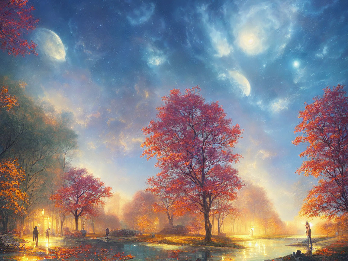 Twilight scene of autumn park with vibrant foliage, serene lake, strolling figures, and two moons