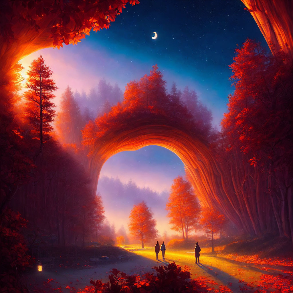 Three individuals walking under red leaf archway with crescent moon in twilight.