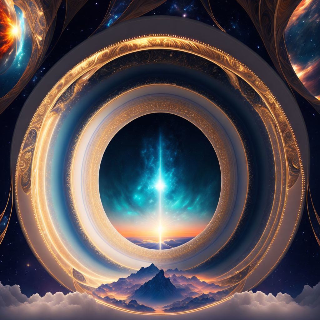 Surreal cosmic scene with concentric circular patterns and glowing portal above mountainous landscape and starry