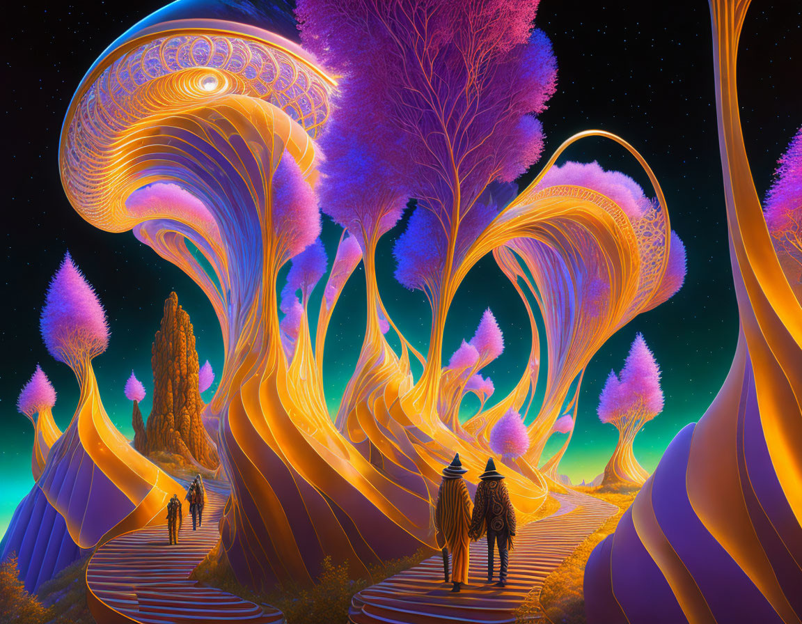 Vibrant swirling trees in fantastical landscape with figure and glowing rock formation