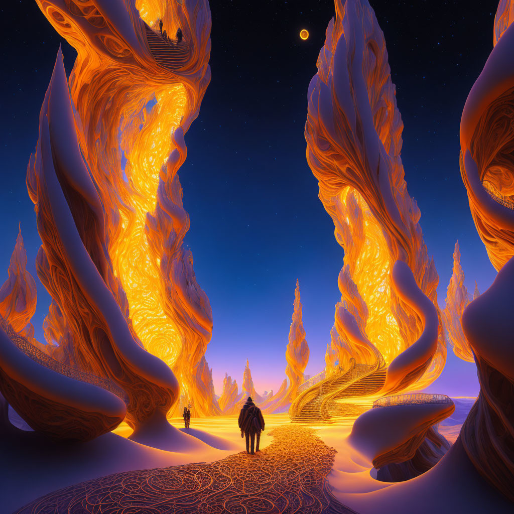 Surreal night landscape with glowing orange structures and figure walking towards moonlit horizon