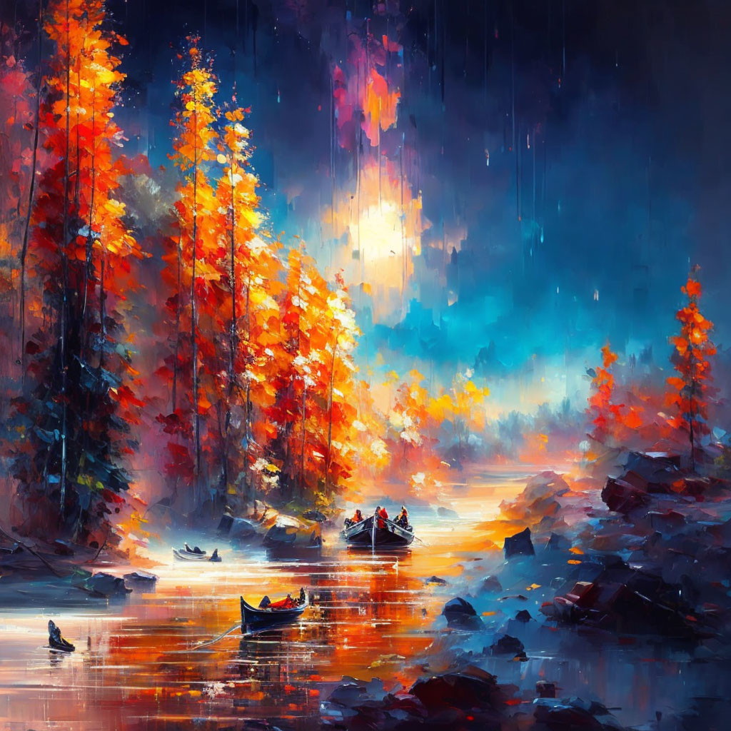 Twilight forest painting with autumn trees, water reflection, and mystical atmosphere