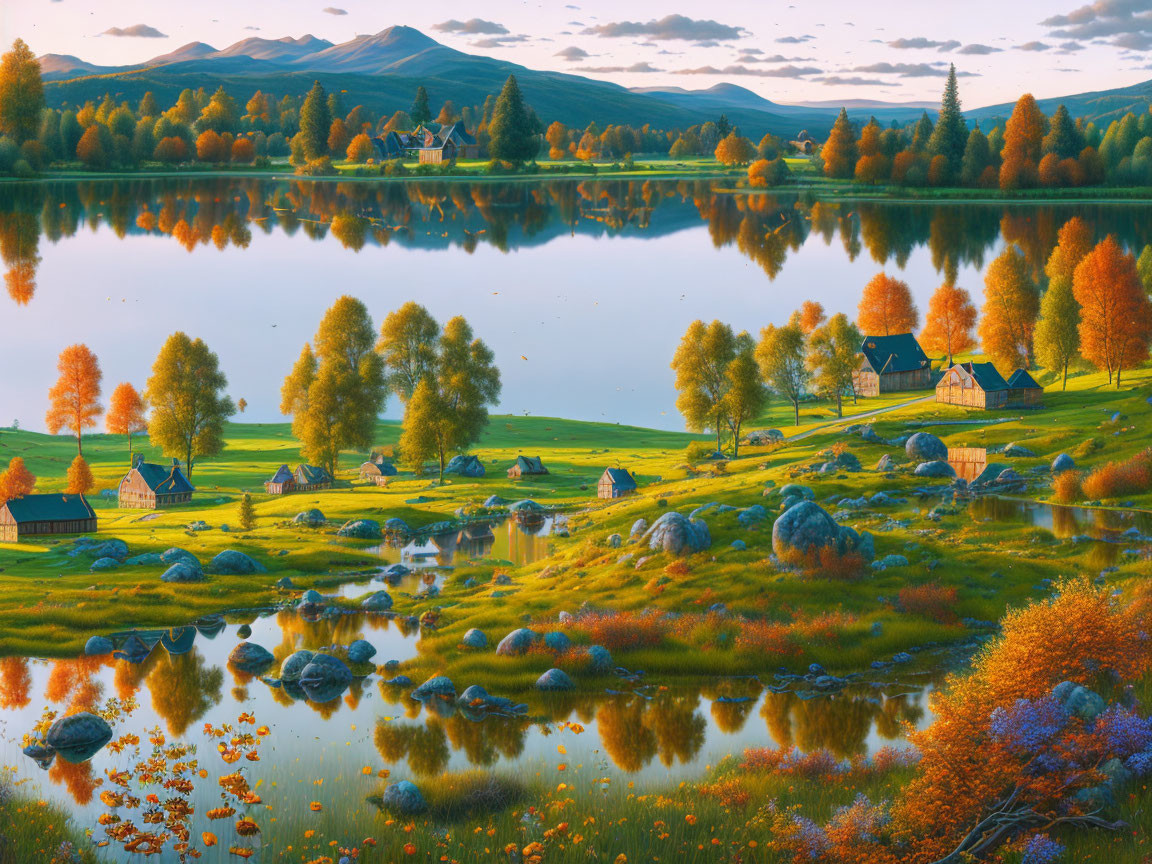 Tranquil autumn lake with vibrant fall colors and wooden cabins