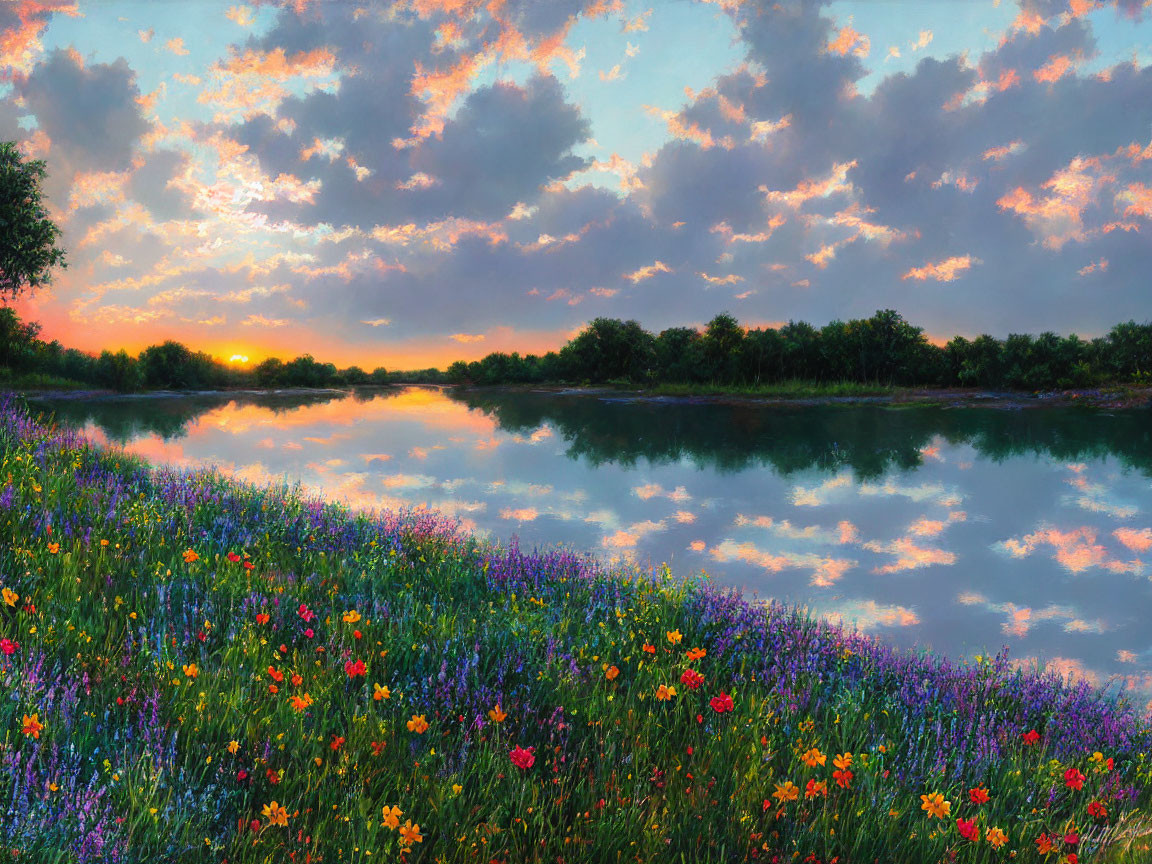 Tranquil river at sunset with reflections, wildflowers, and greenery