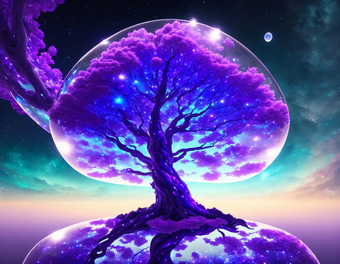 Colorful Fantasy Landscape with Purple Tree in Bubble on Starry Background