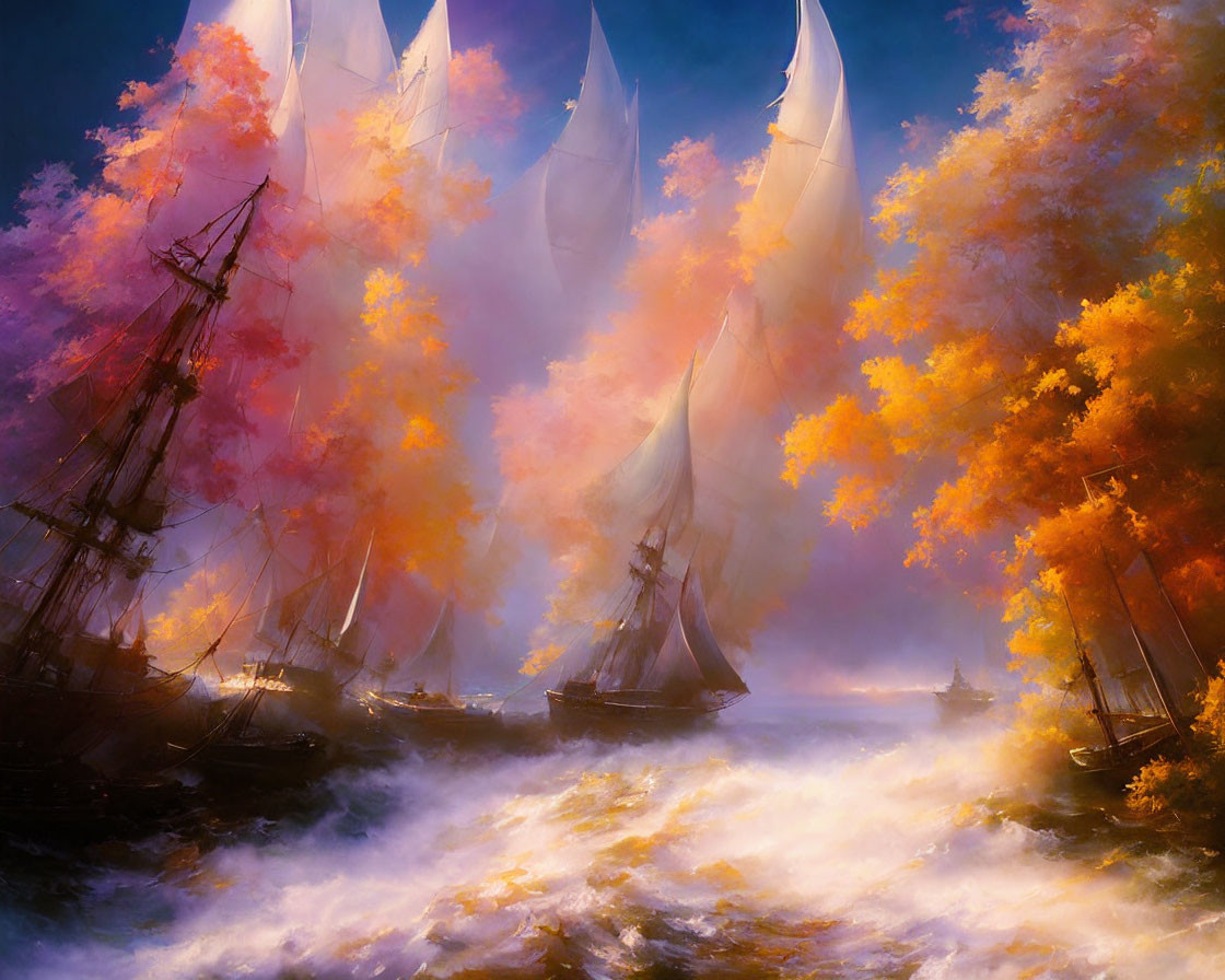 Majestic tall ships in rough seas with autumn trees and colourful sky