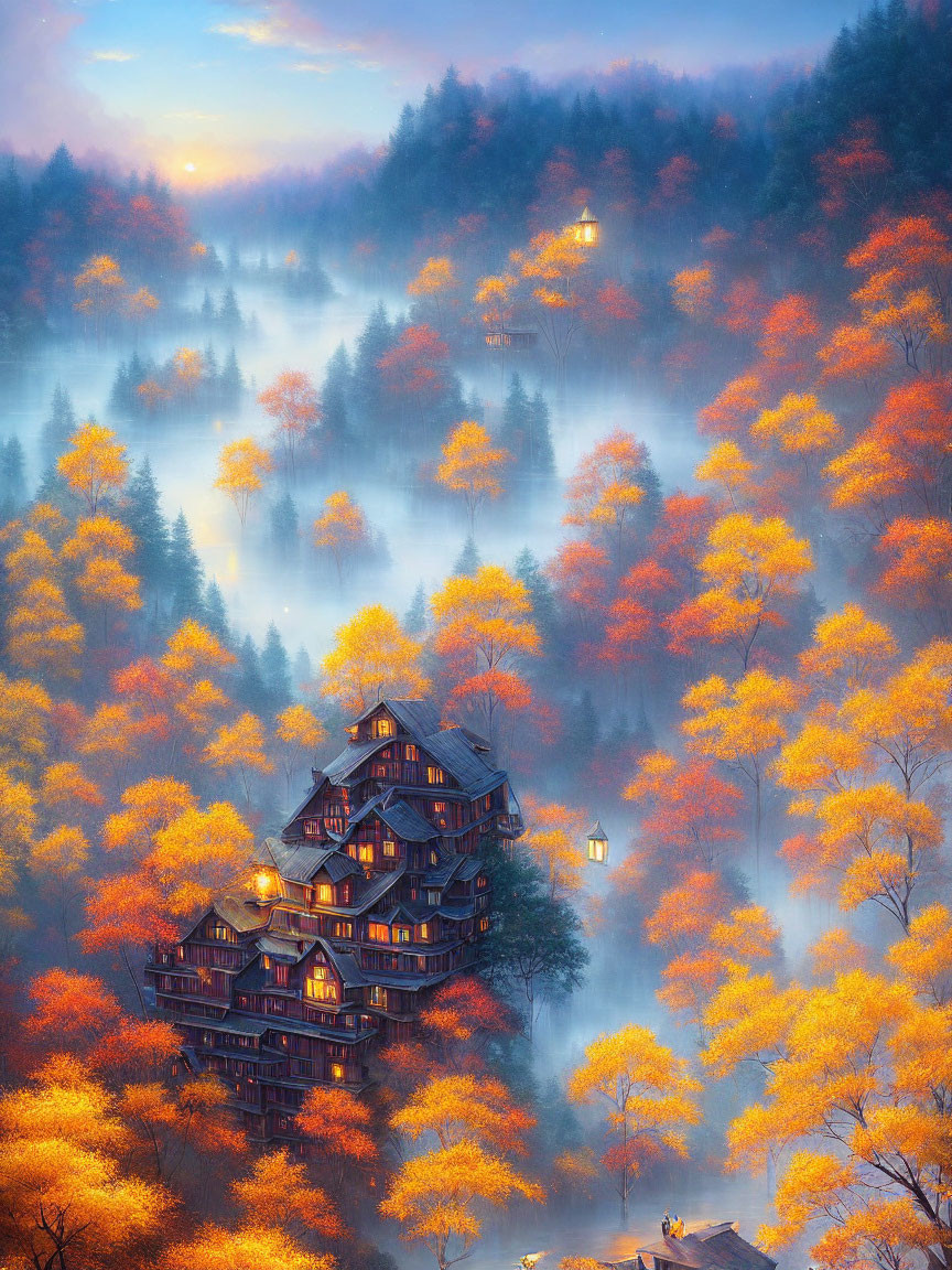 Mystical autumn landscape with tiered building and orange trees