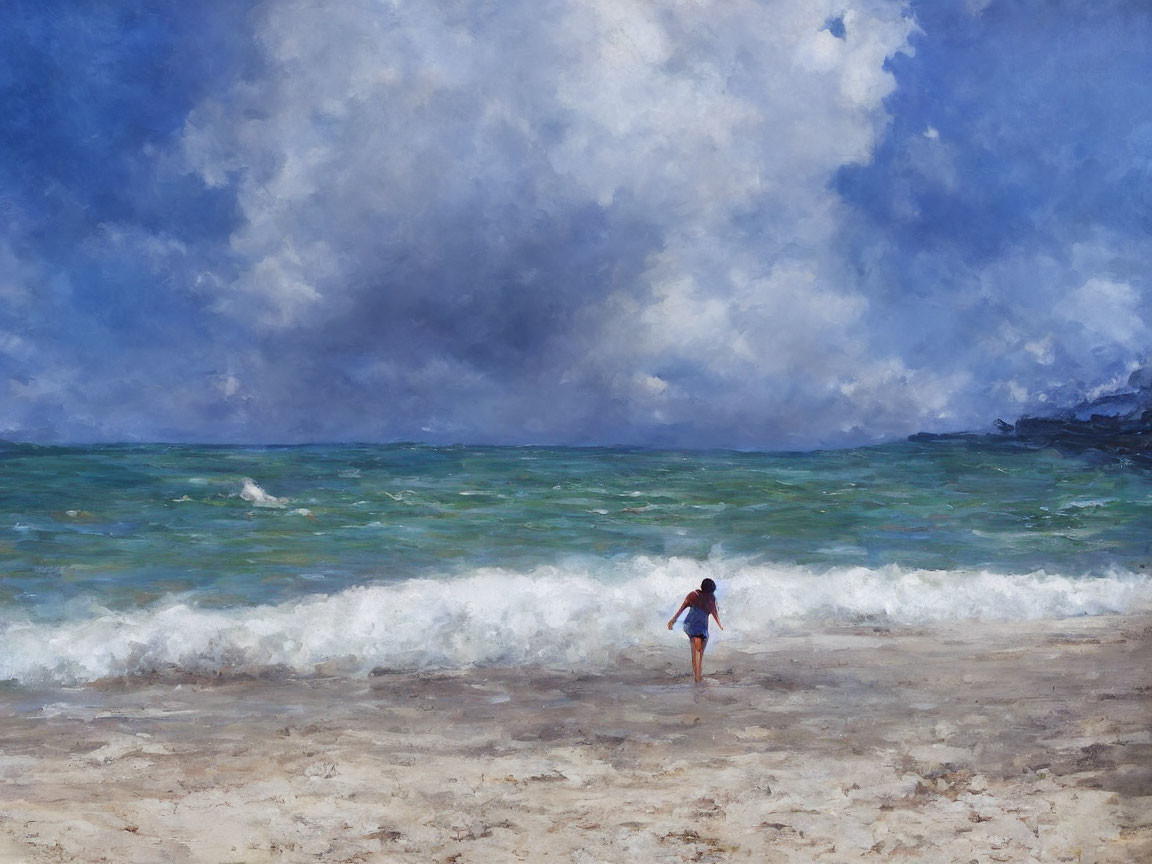 Person on sandy beach gazes at rough sea under cloudy sky