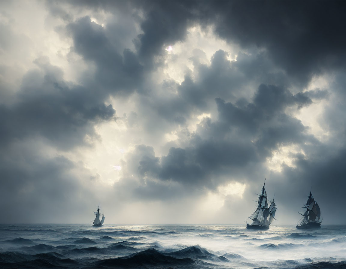 Tall ships sailing turbulent seas under dramatic sky