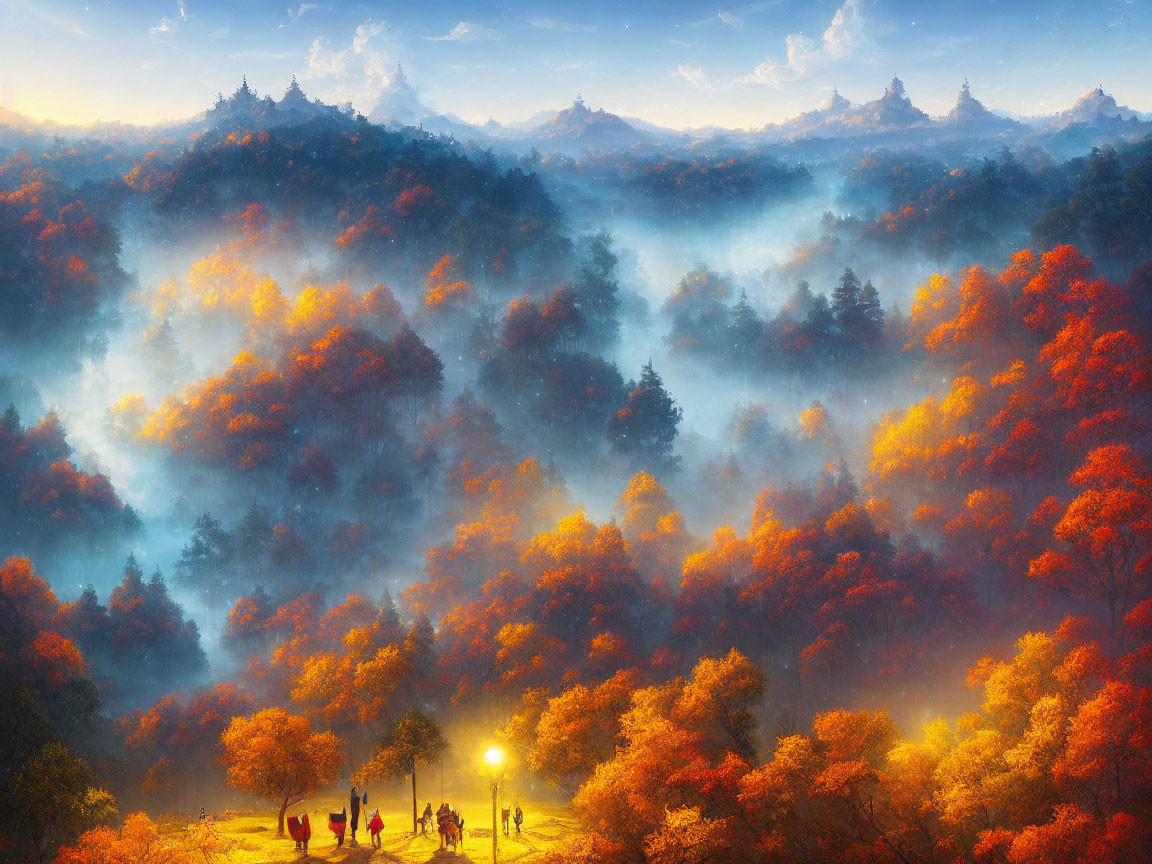 Vibrant autumn forest with fog layers, rolling hills, and people at dusk