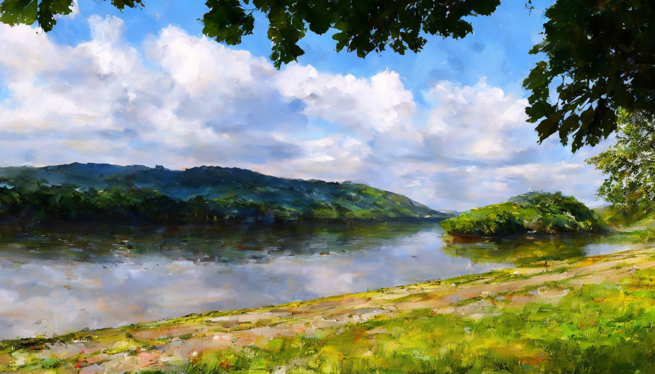 Tranquil landscape painting with river, greenery, hills, and blue sky