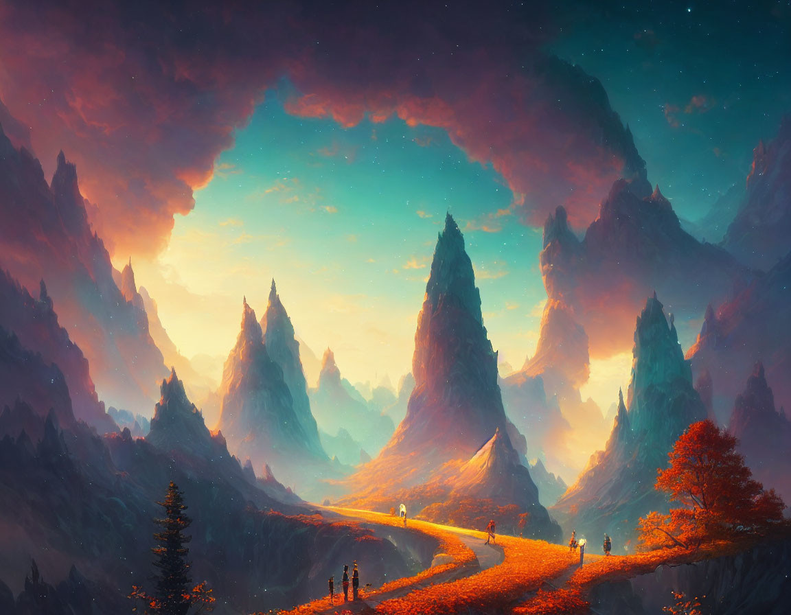 Vibrant sunset sky over towering rock formations and travelers on winding path