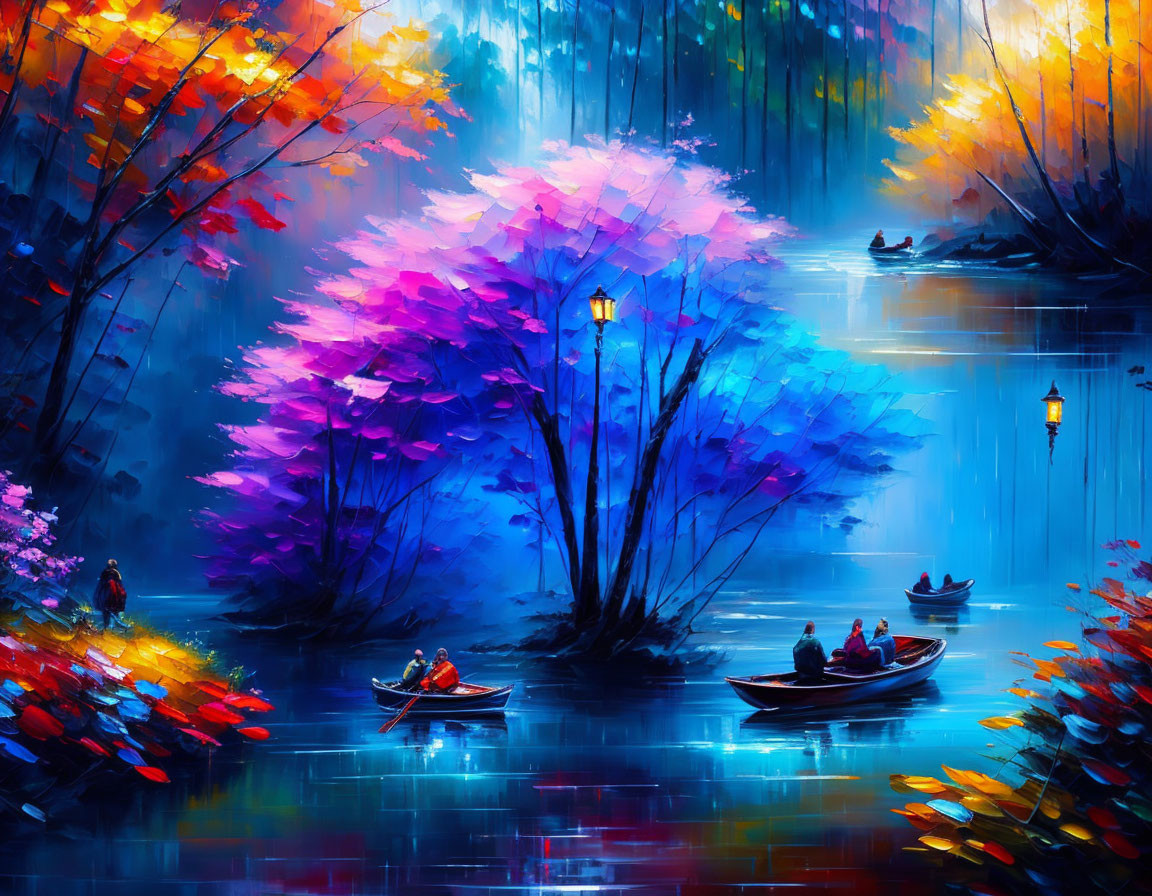 Colorful Trees Reflecting in Water with People Rowing Boats at Twilight