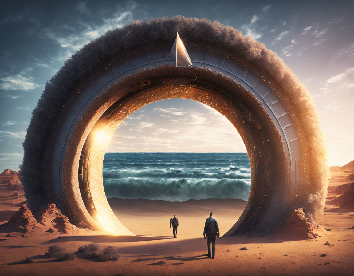 Circular portal with ocean and desert landscape view.