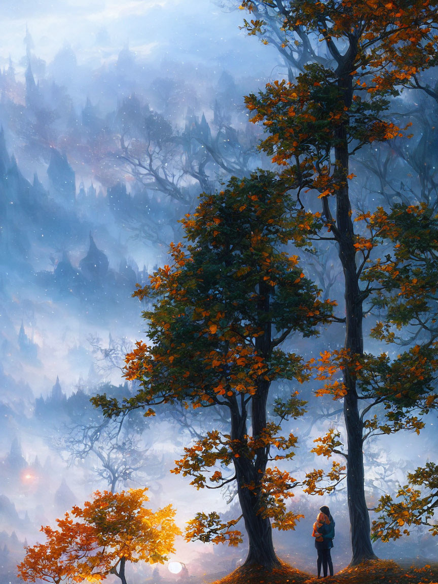 Tranquil forest scene at dawn with warm sunlight and mist-filtered orange leaves.