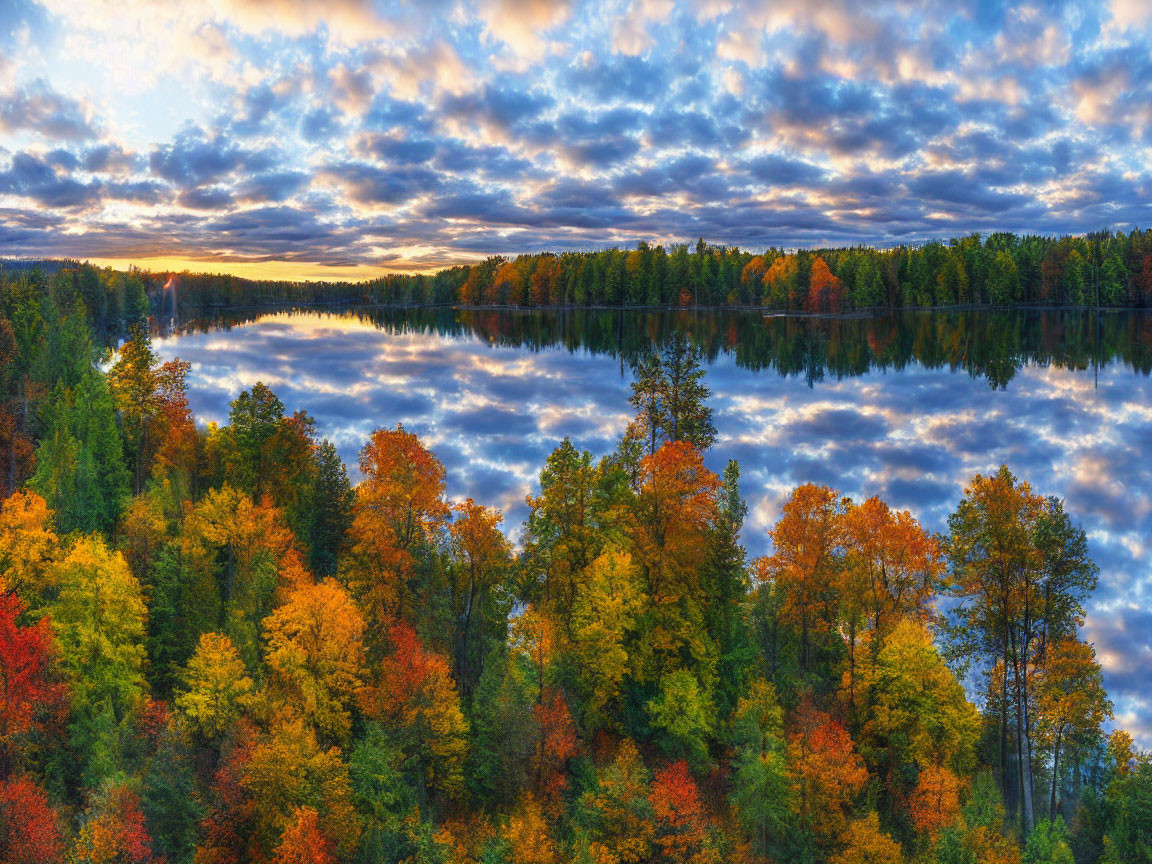 Tranquil Lake at Sunrise Surrounded by Vibrant Autumn Forest