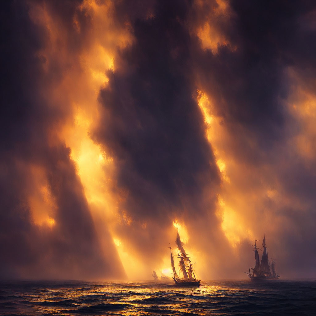 Sailing ships on turbulent seas under dramatic sky