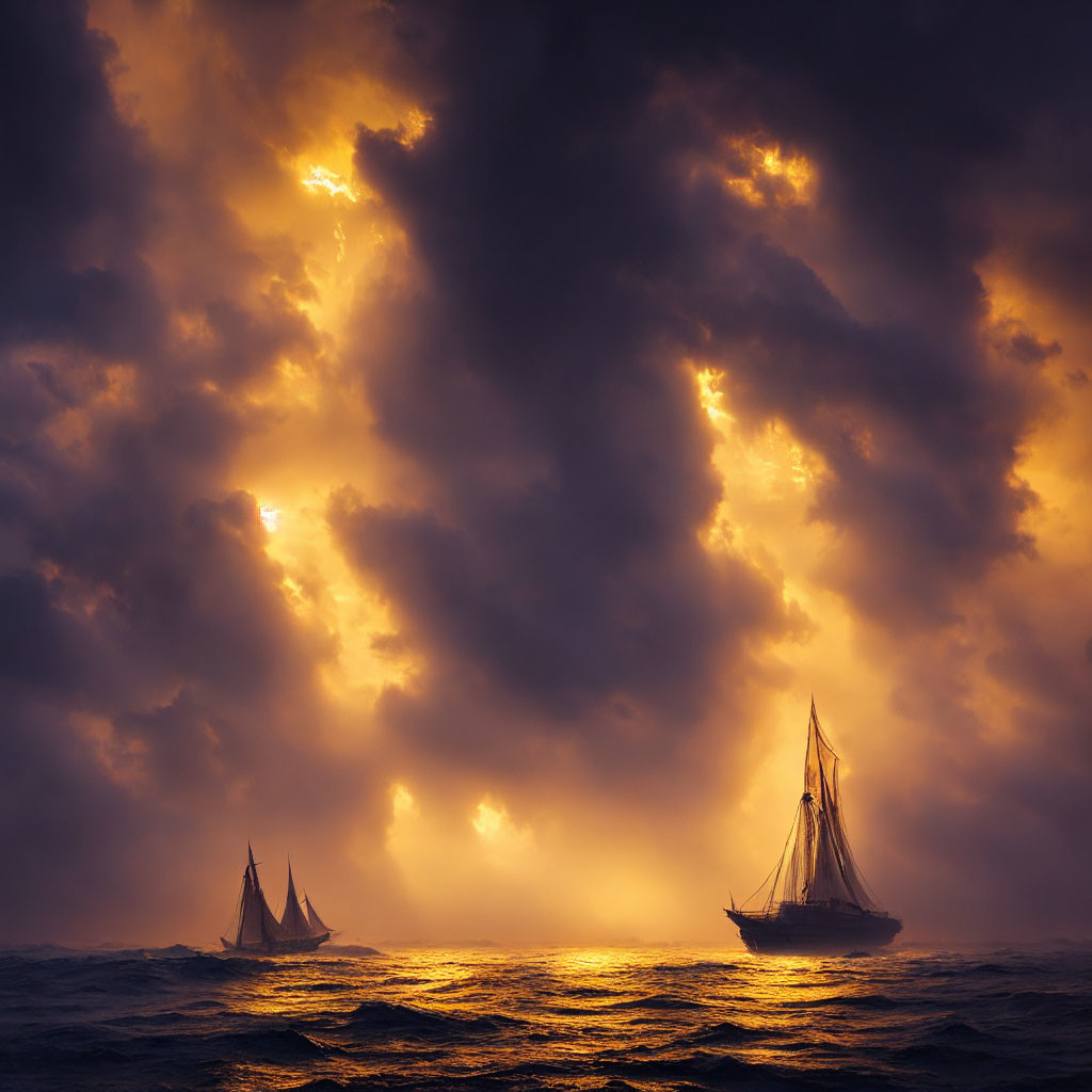 Sailboats on turbulent sea with sunlight rays piercing stormy clouds