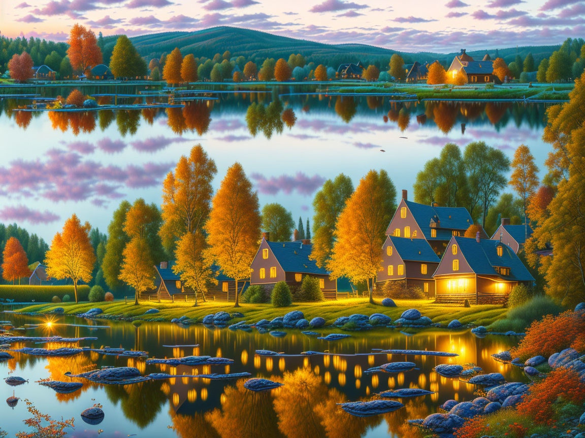 Tranquil lakeside landscape: illuminated houses, autumn foliage, calm water, serene sky