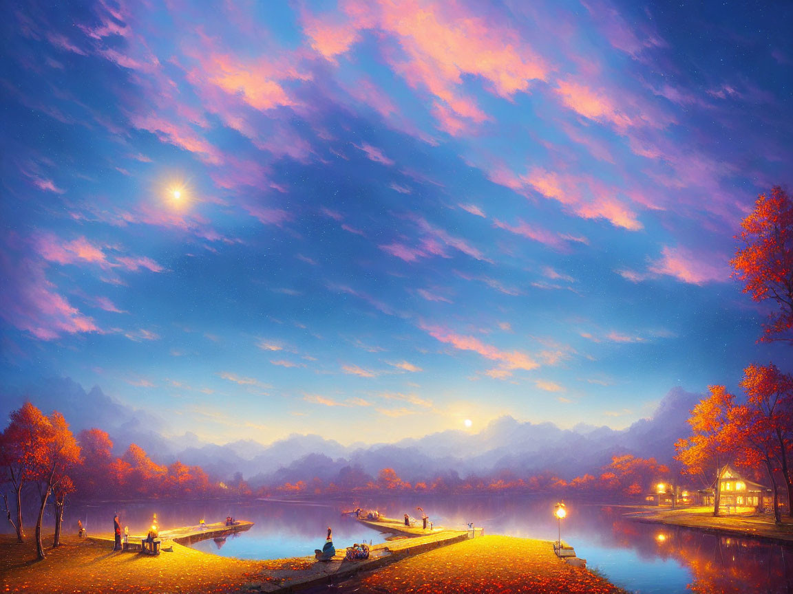 Tranquil lakeside twilight with vibrant leaves, colorful sky, glowing lamps, and peaceful figures.