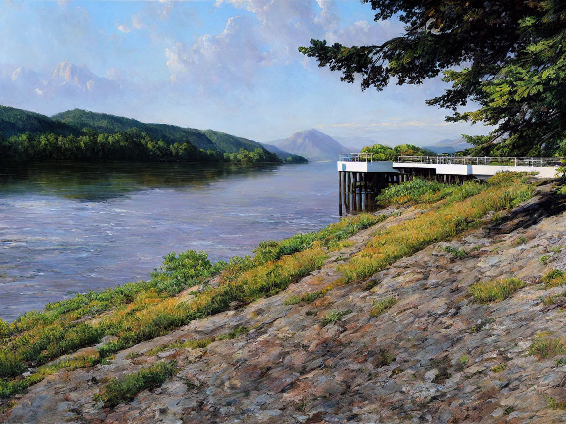 Tranquil river landscape with dock, lush greenery, and distant mountains