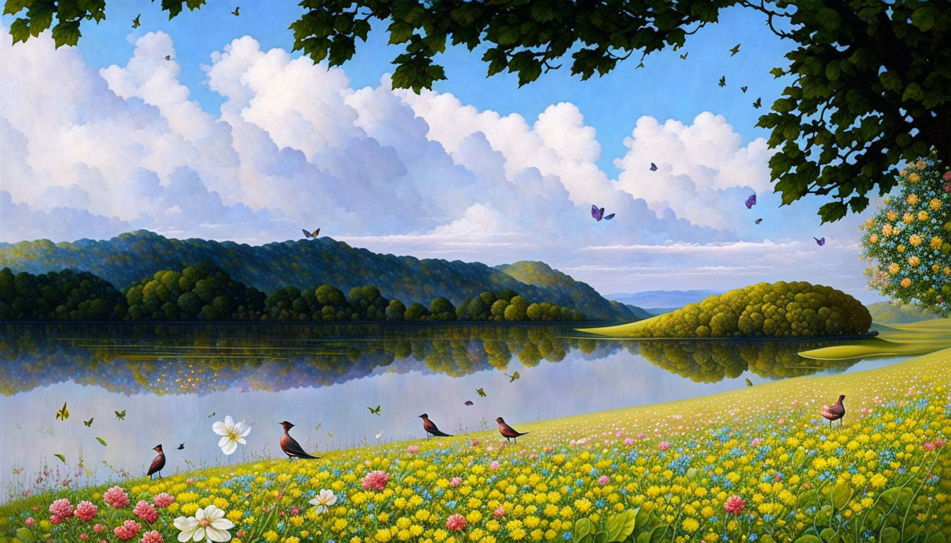 Tranquil Lakeside Scene with Greenery, Wildflowers, Birds, Reflective Water