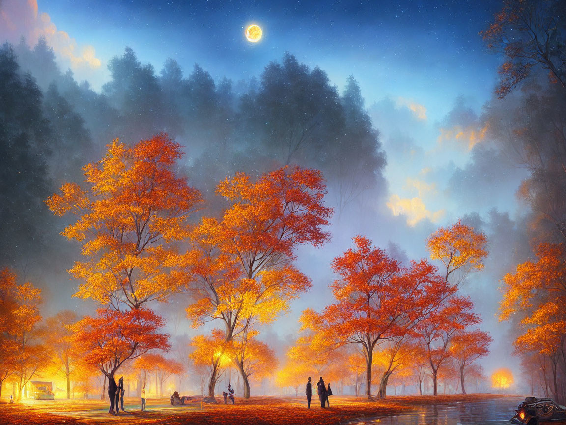 Tranquil autumn dusk with orange trees, moon, and warm lights