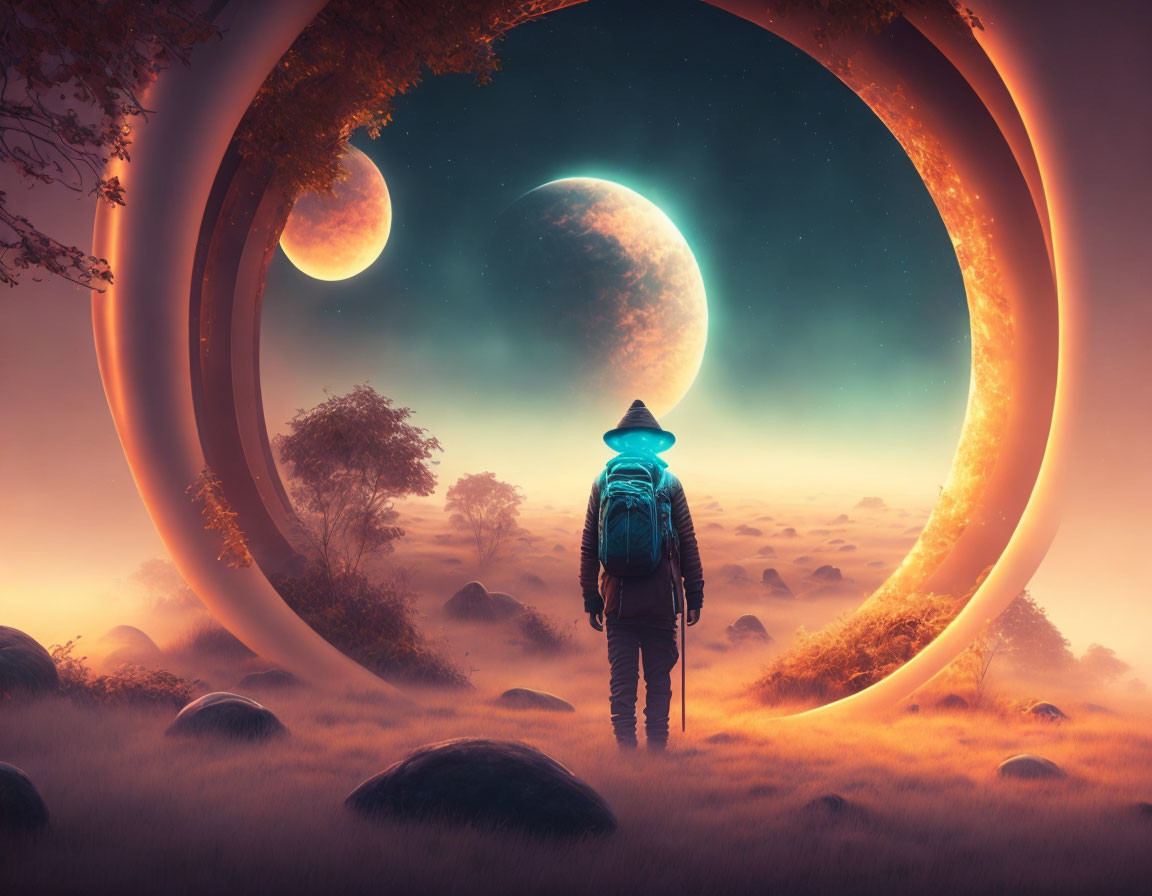 Person gazes at ring portal in surreal landscape with two moons in warm glow