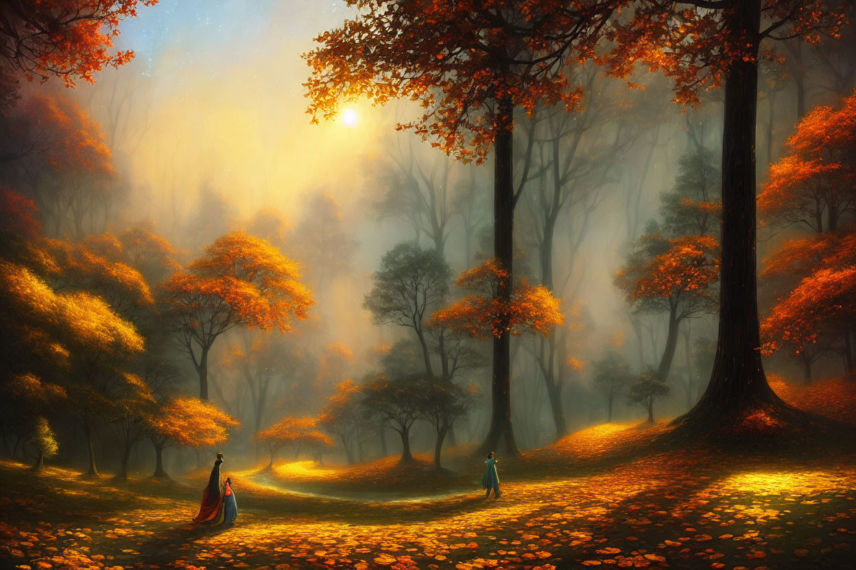 Ethereal autumn forest with golden light, orange leaves, and historical figures.