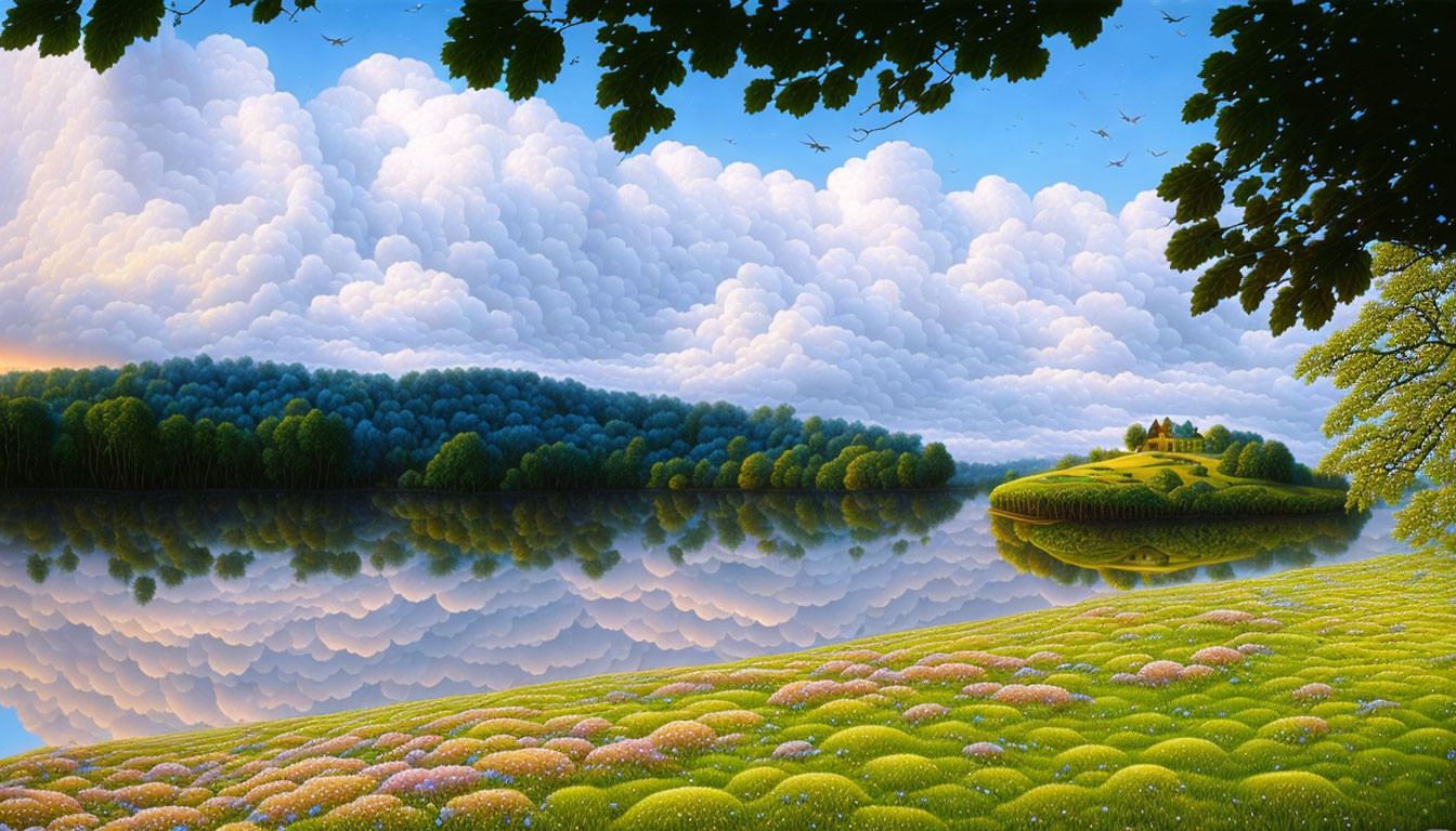 Tranquil landscape with symmetrical reflection, lush greenery, island house, fluffy clouds, and