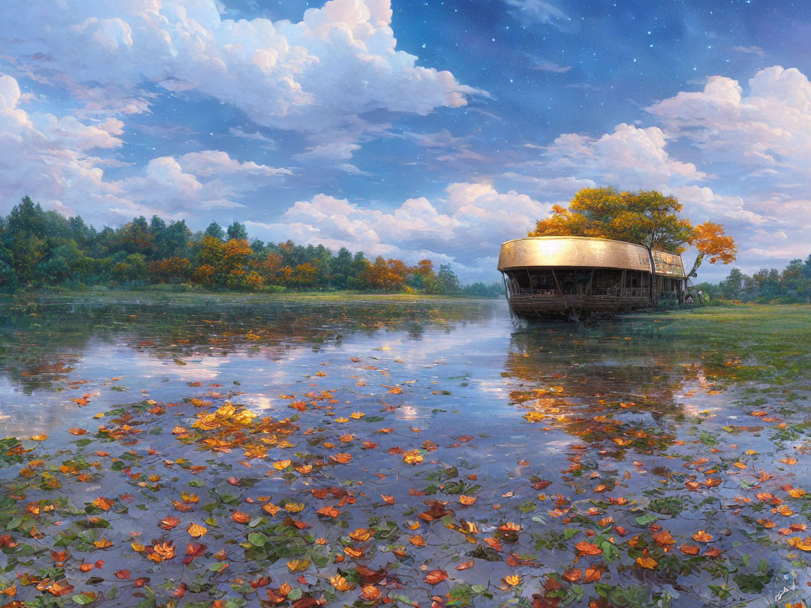 Tranquil autumn lake scene with houseboat and day-night sky