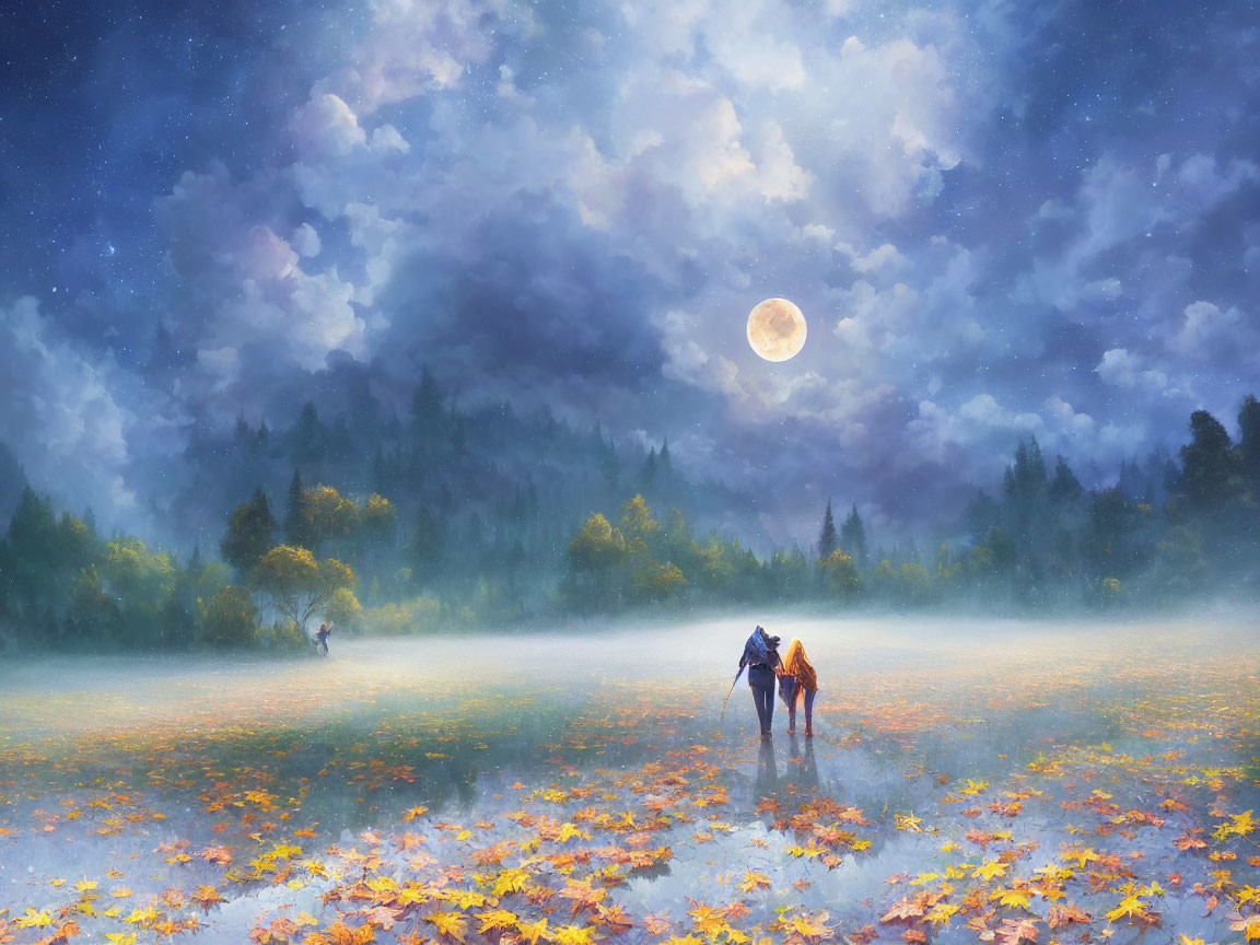 Full moon night scene: misty meadow, autumn leaves, horse, distant figure