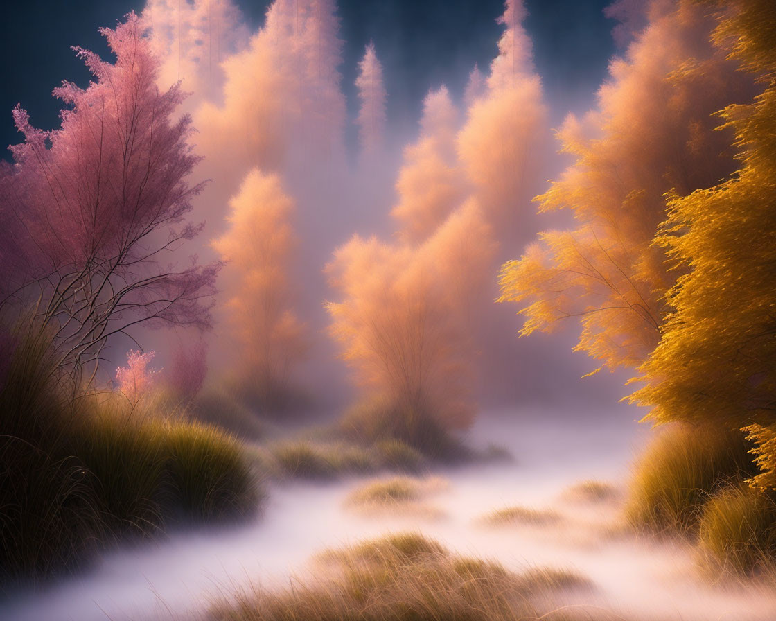 Ethereal fog over mystical forest with vibrant orange and pink foliage