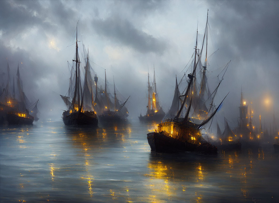 Sailing ships with illuminated windows in foggy twilight seas