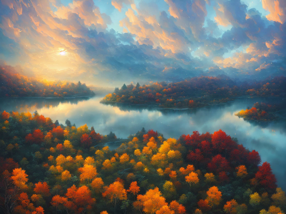 Tranquil autumn lake with vibrant foliage under cloudy sunset sky