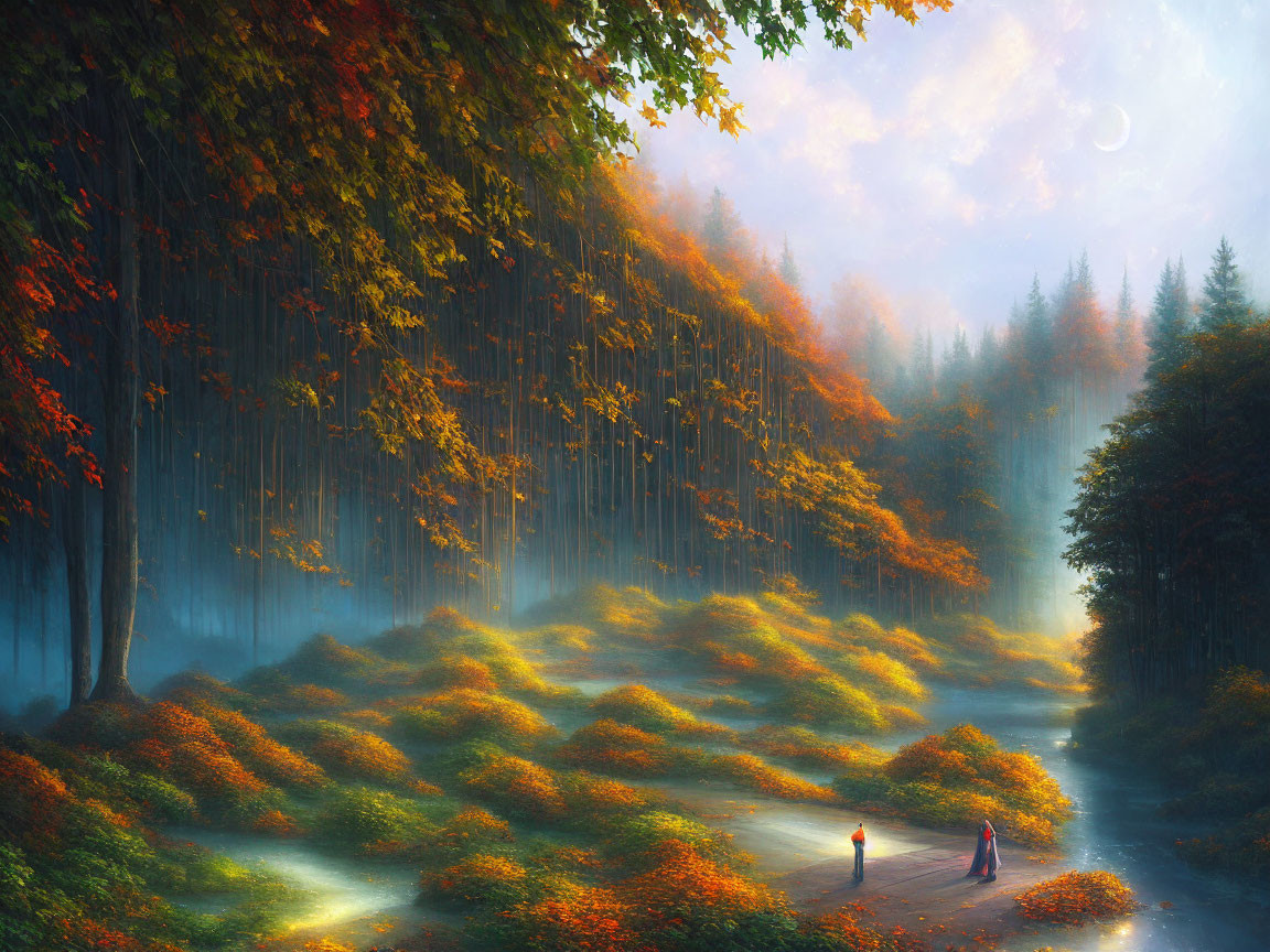 Tranquil autumn forest scene with golden leaves, walking figures, sunlight rays, and crescent moon