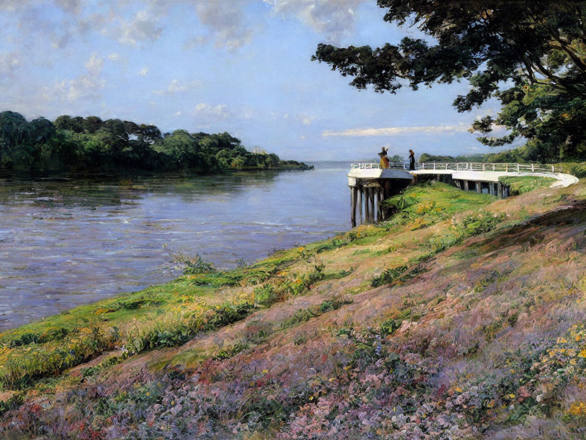 Tranquil river landscape with flower-lined bank and small pier.