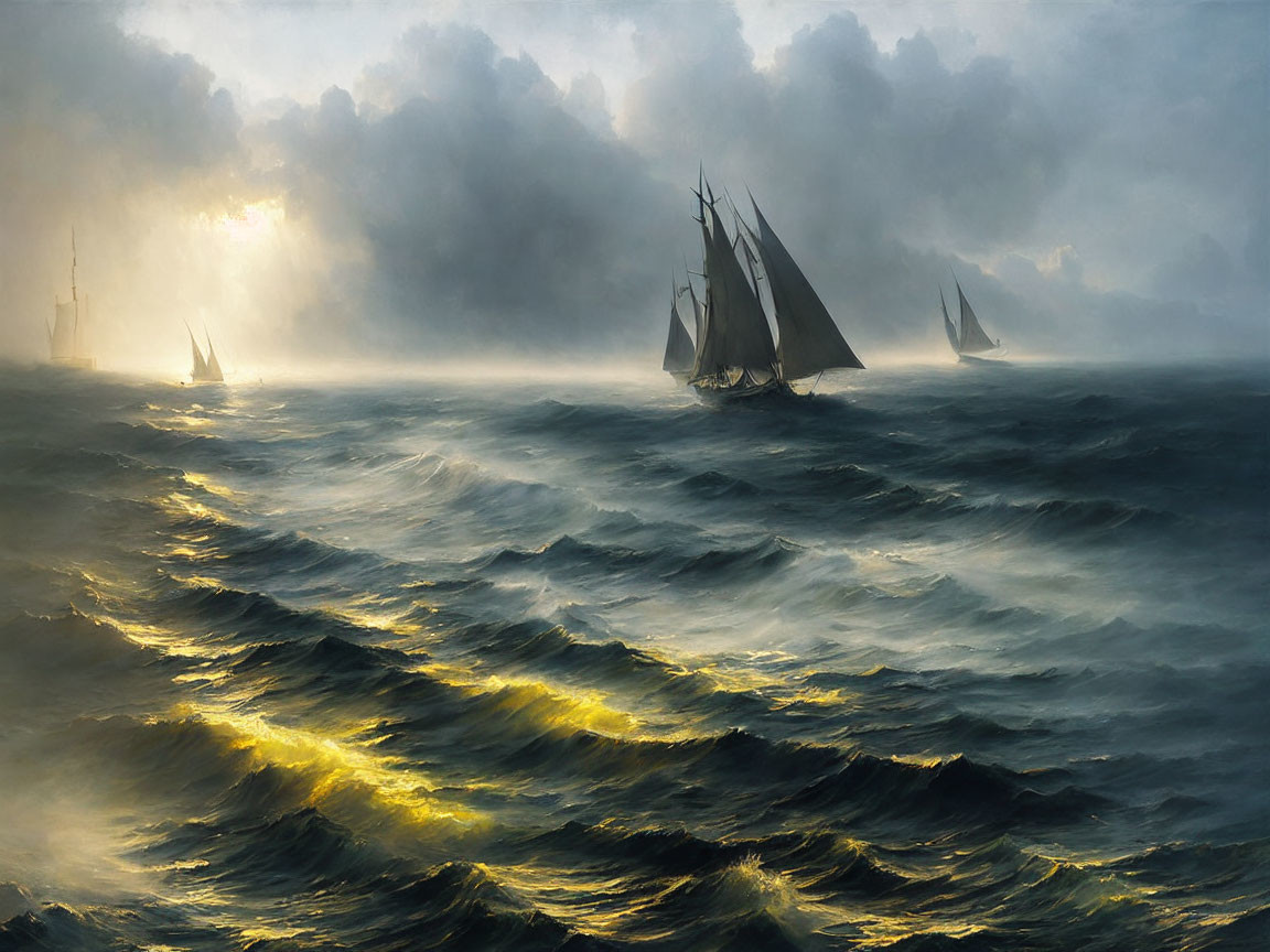 Sailing ships on turbulent seas under stormy sky with sunlight piercing through clouds